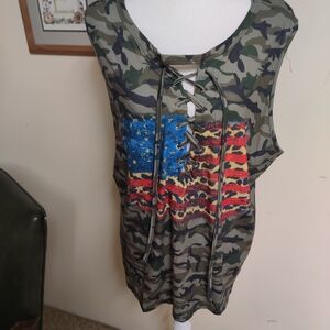 Camo Lace-Up Tank with Flag Design, Size Extra Large